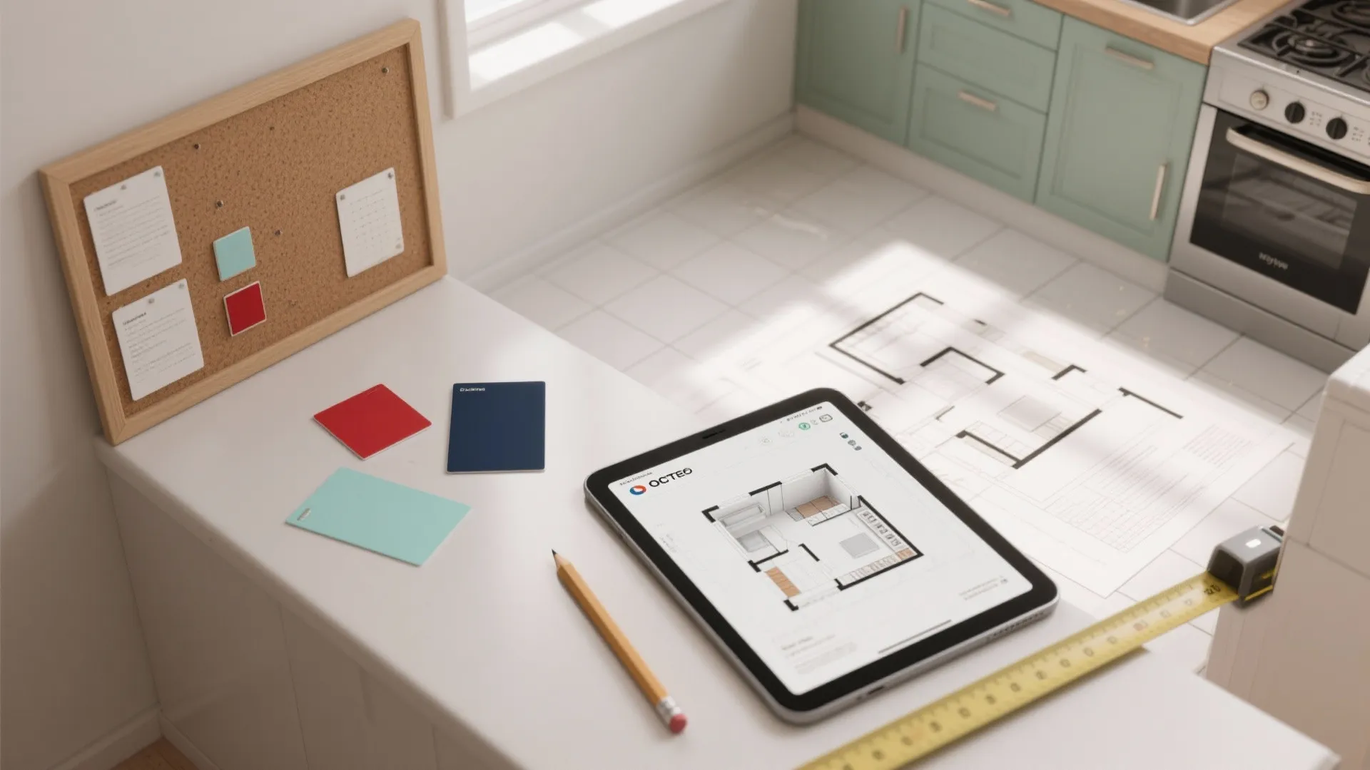 Top-down view of a kitchen planning board with color chips and a tablet floor planner.
