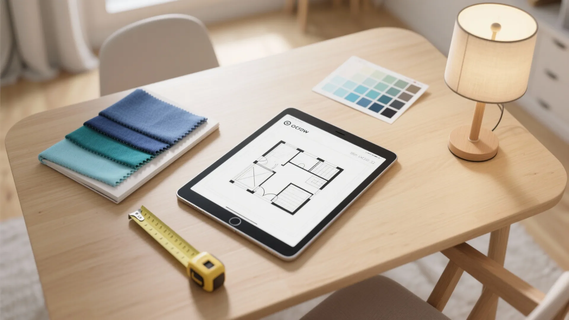 Top-down view of a tablet with a room plan, blue fabric swatches, and color palette for layout planning.
