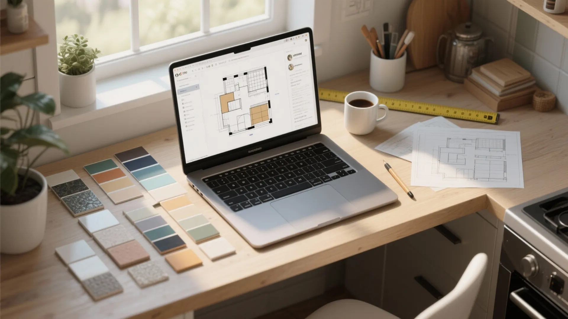 Top-down view of a kitchen planning workspace with samples and laptop