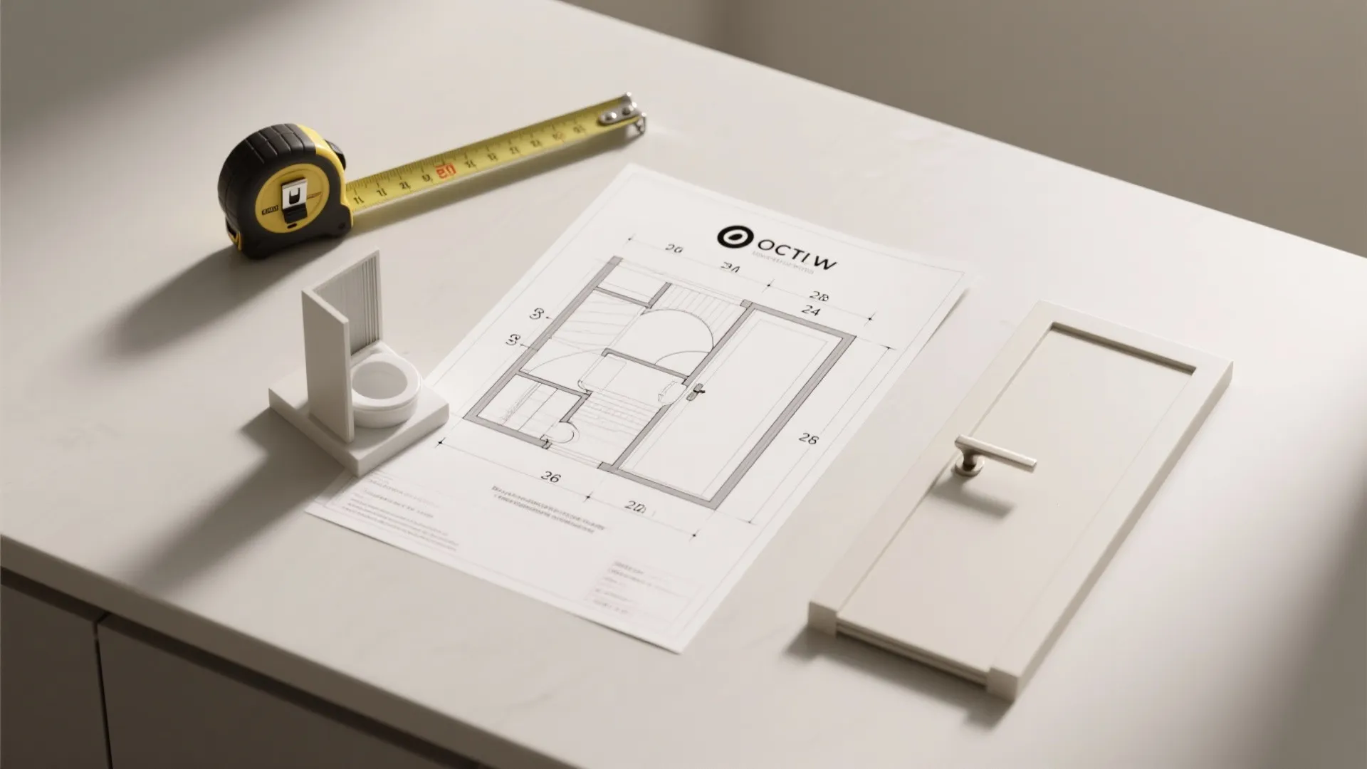 Table with a tape measure paper floor plan small toilet model and a white door