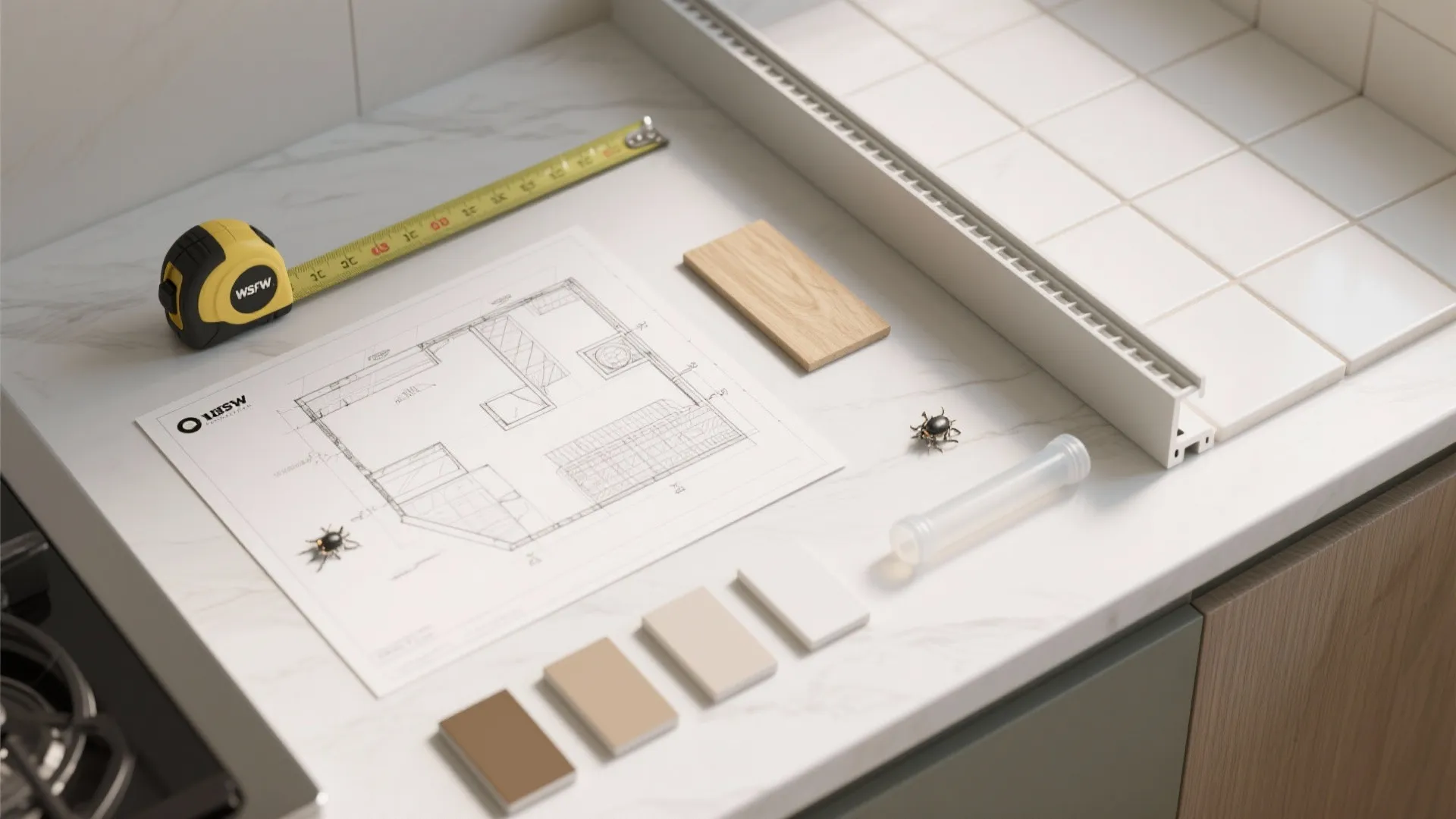 Interior design drawing with measuring tape wood samples and color tiles on a white countertop