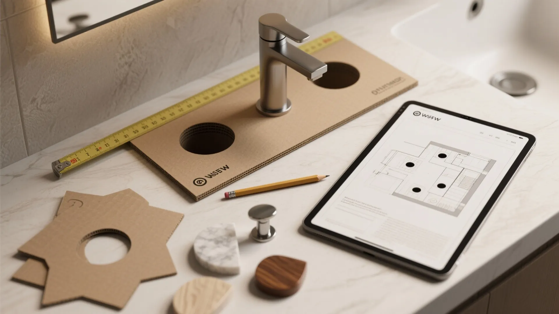 Top-down flatlay with cardboard templates, tape measure and finish swatches for planning a four-hole faucet layout.