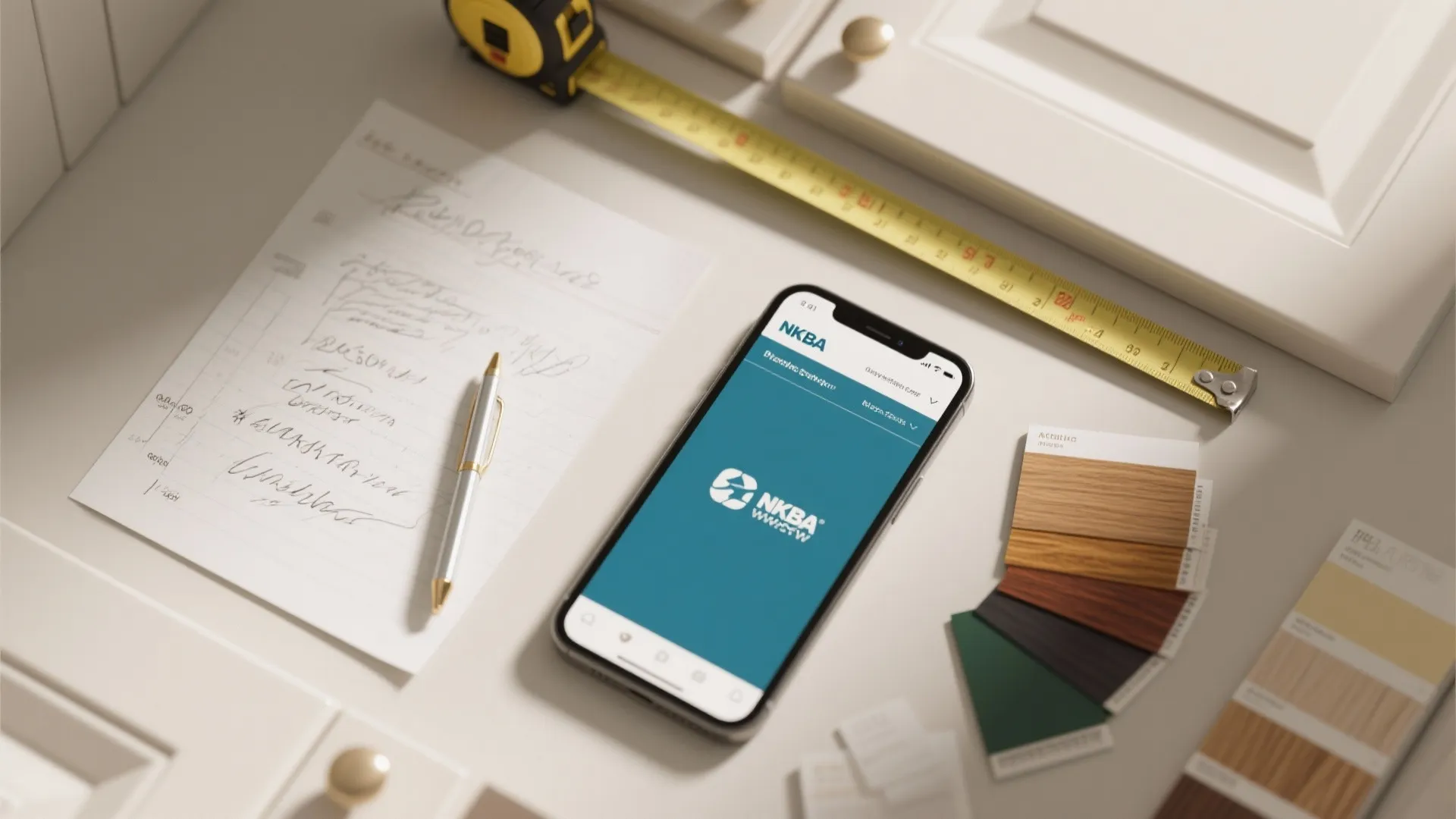Mobile phone showing NKBA logo next to paper notes color samples and measuring tape tool
