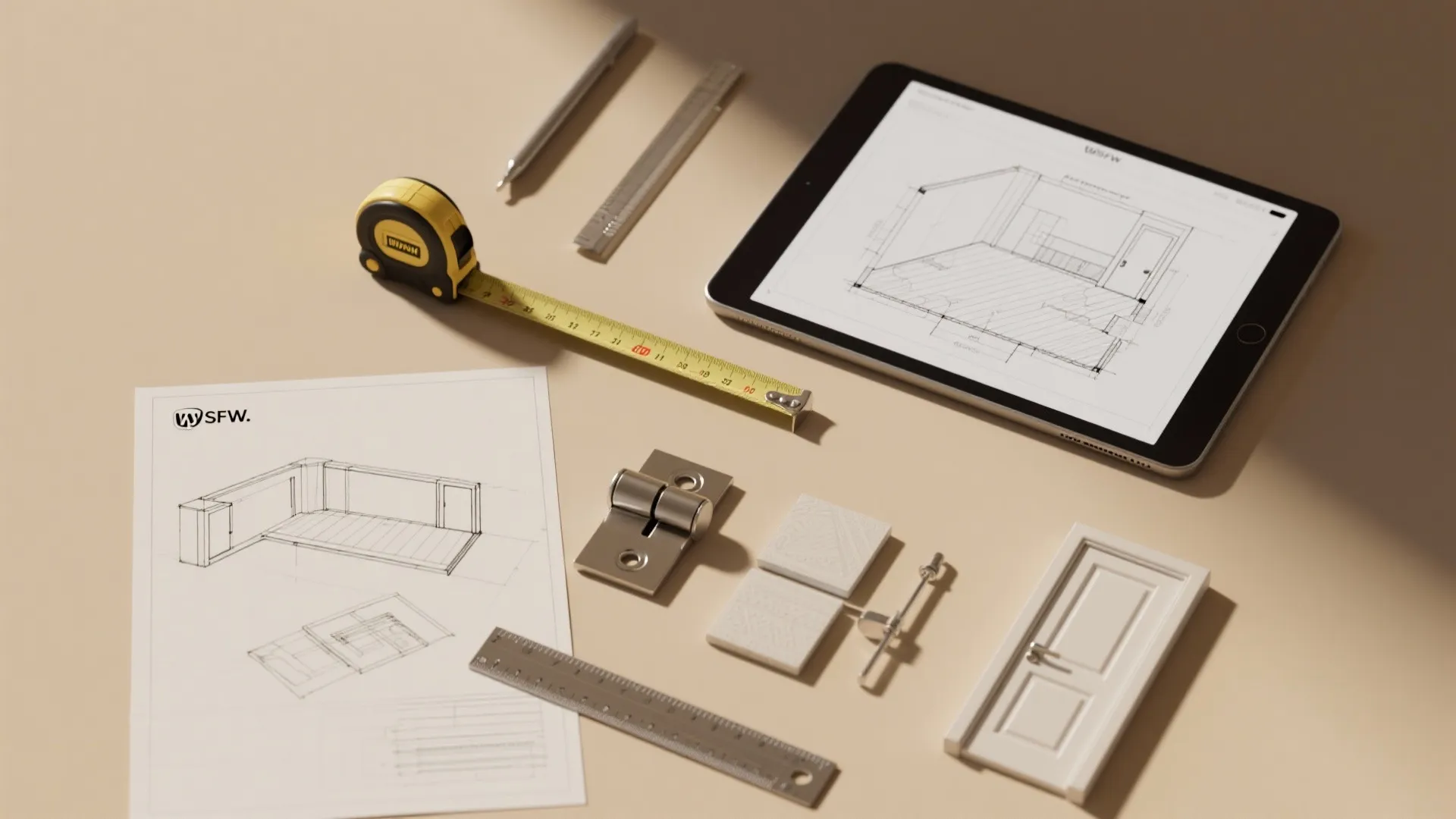 Flatlay of 3D floor planner on tablet, sketches, measuring tape and hinge samples for planning swing clearance.