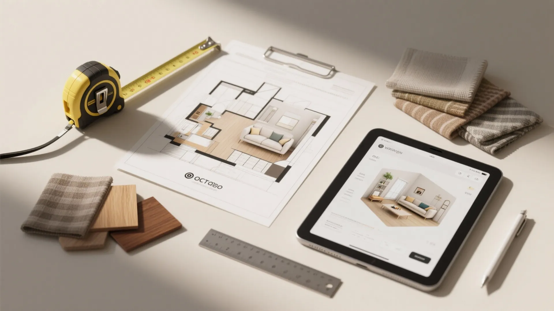 Top-down flatlay of tools for planning chair arrangements: tape measure, 3D planner on tablet, fabric swatches.