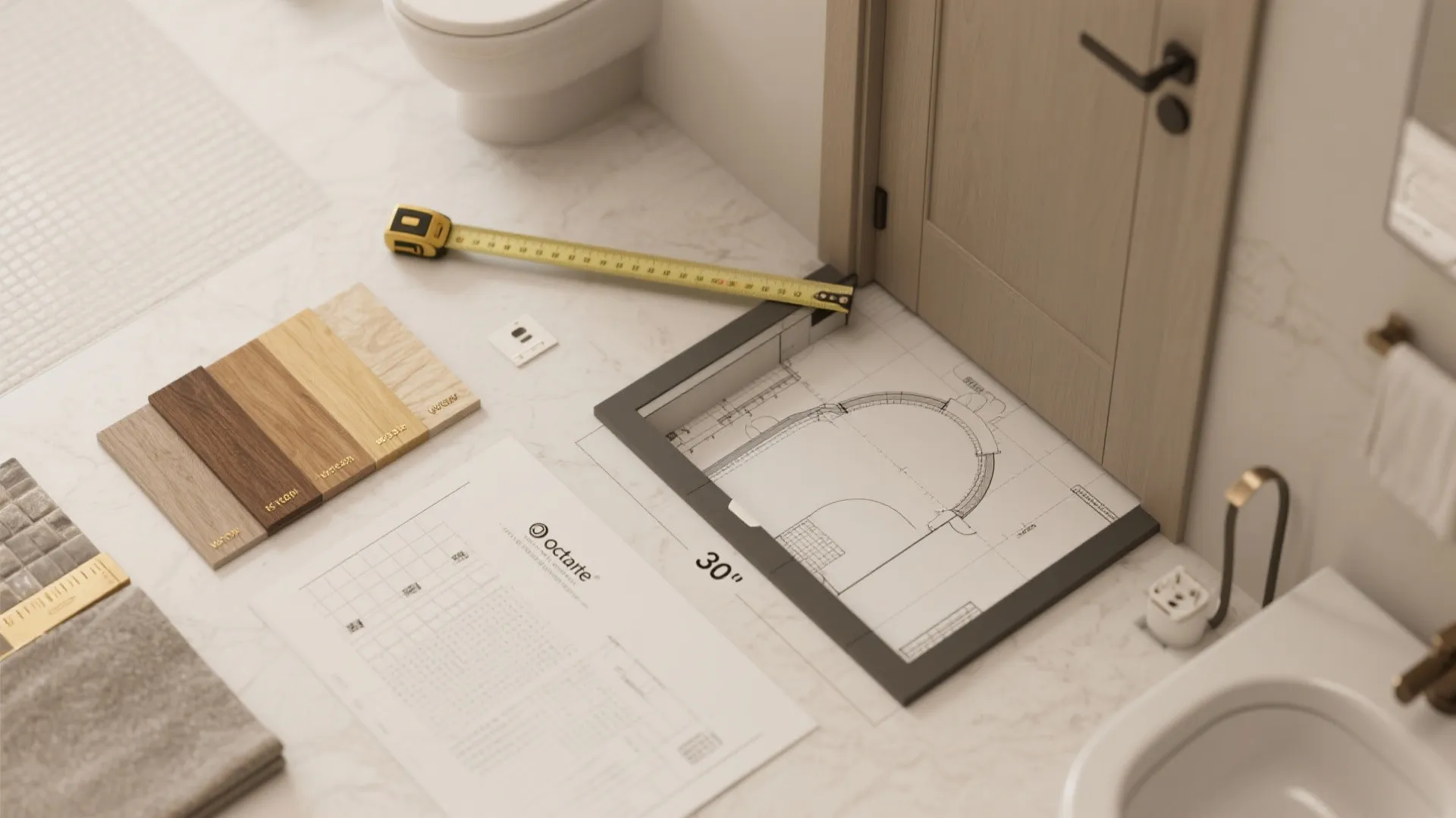 Top-down flatlay of a small bathroom floor plan, measuring tape and material swatches illustrating clearance planning.
