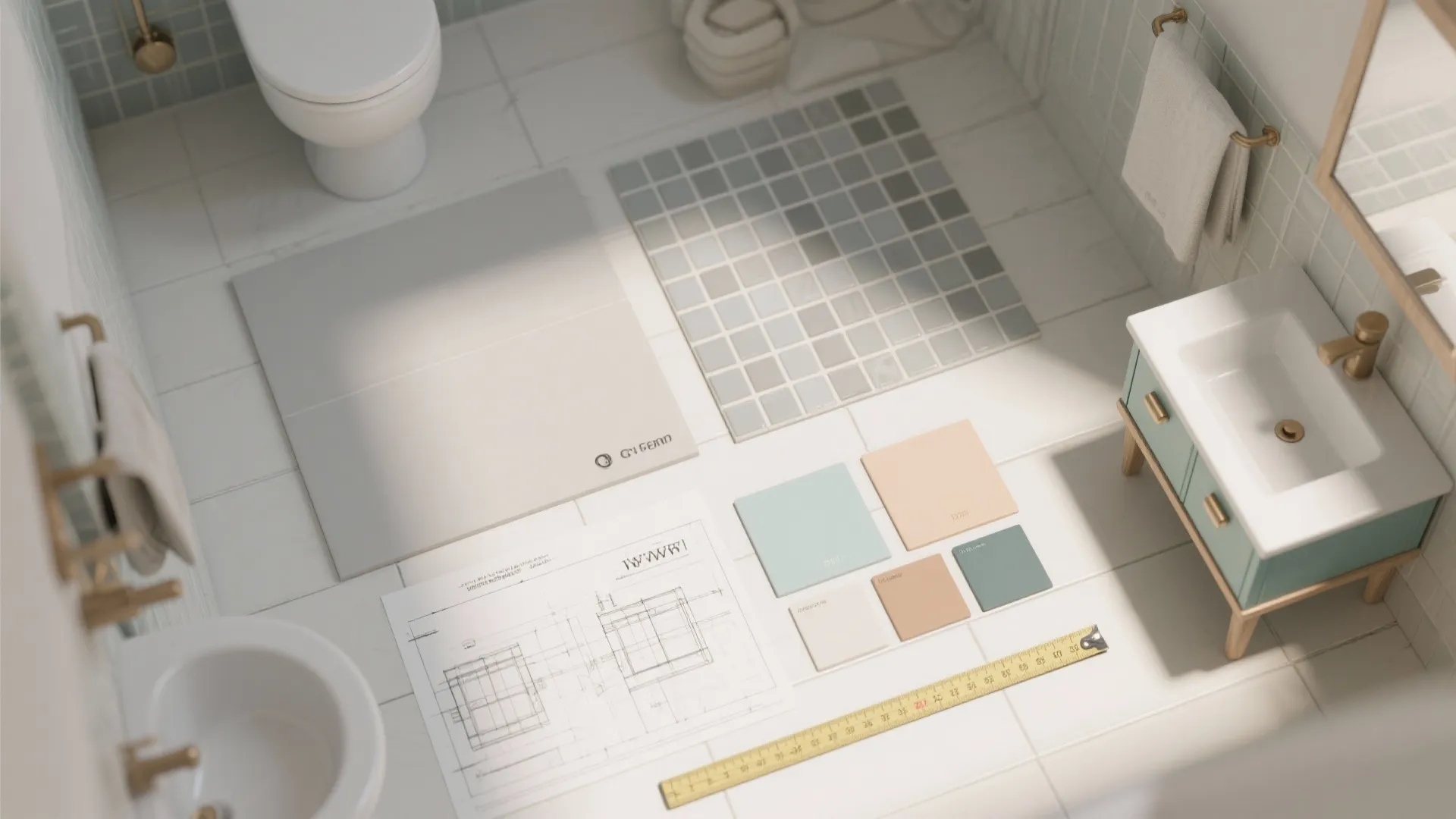 Flatlay of tile and grout samples, paint chips and small vanity mockup for bathroom planning