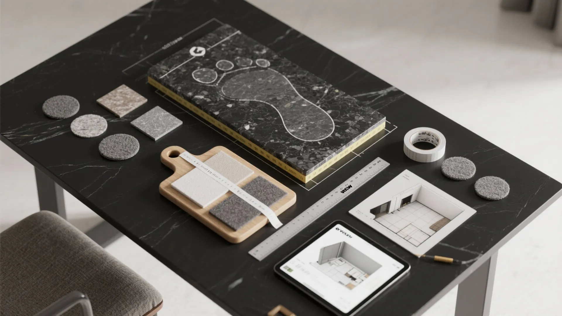 Flatlay of granite sample, tape mockup, felt pads, and a tablet with a 3D floor plan.