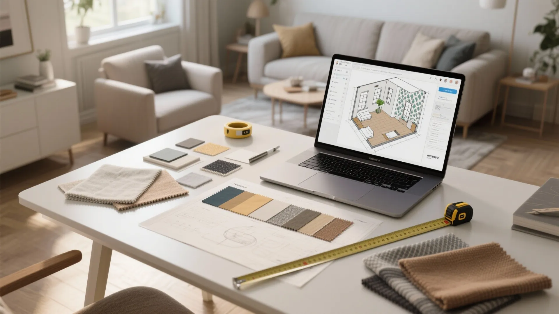 Top-down view of a planning workspace with room-planner on laptop and wallpaper swatches.