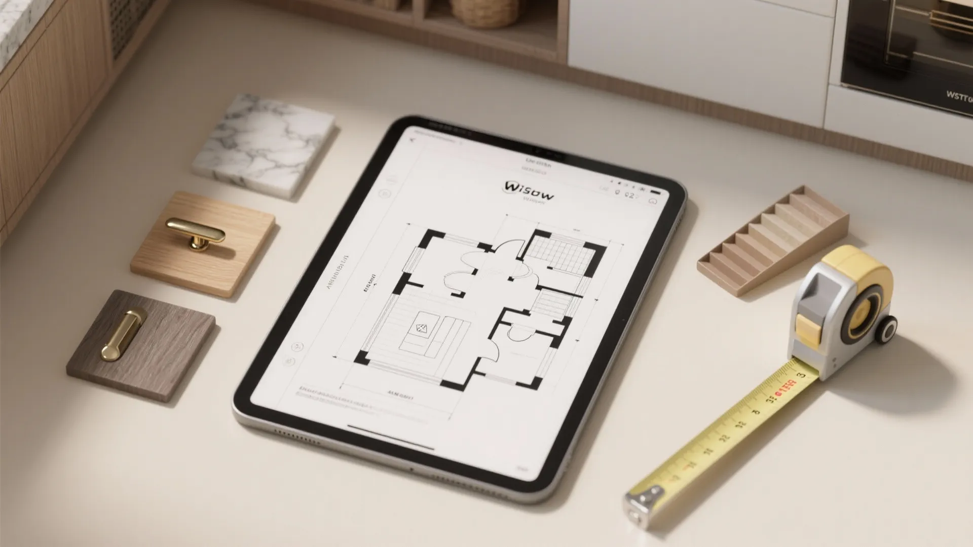 Tablet showing a house floor plan surrounded by material samples and a yellow tape measure