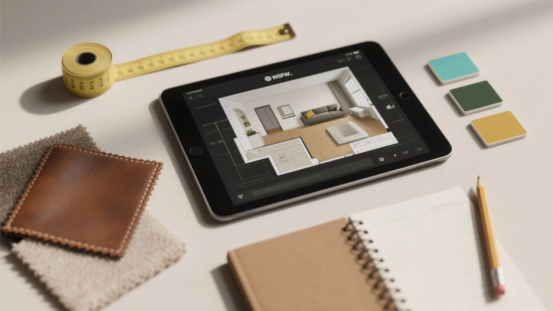 Flatlay of a room planner tablet, measuring tape and fabric swatches for sectional planning