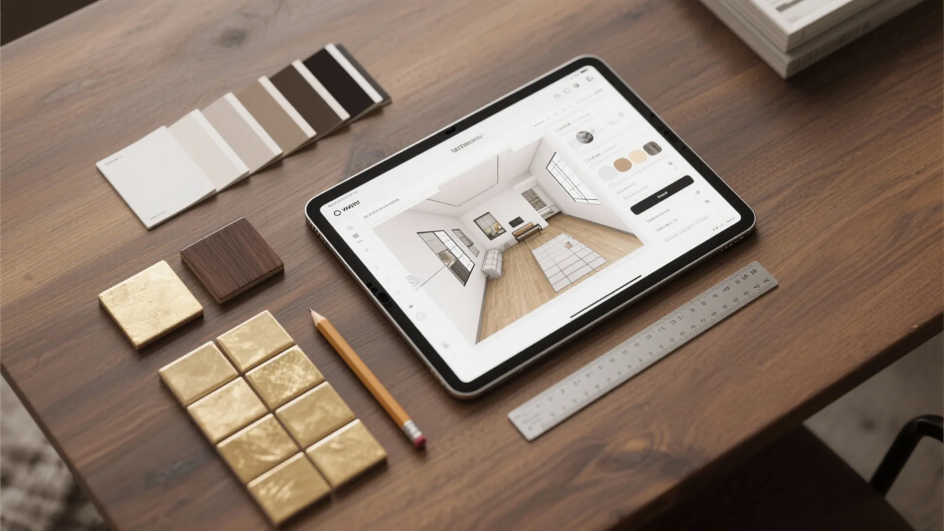 Tablet showing interior design drawing on wooden desk with color swatches, tiles, pencil, and a ruler