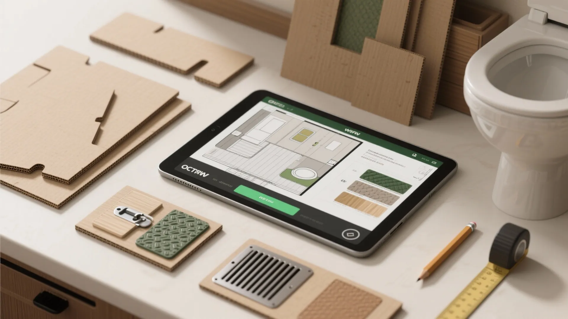 Flatlay of RV bathroom planning tools including cardboard mock-ups, layout on tablet, flooring swatches and hardware samples