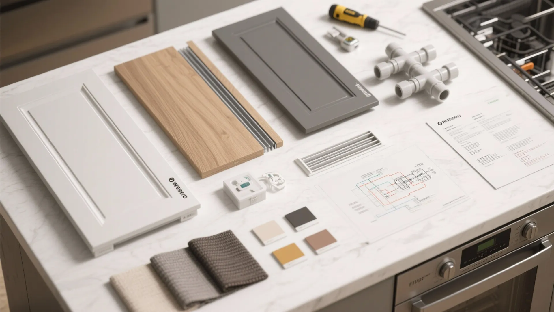 Kitchen renovation material flatlay with cabinet doors wood samples floor plan sketches and small hand tools
