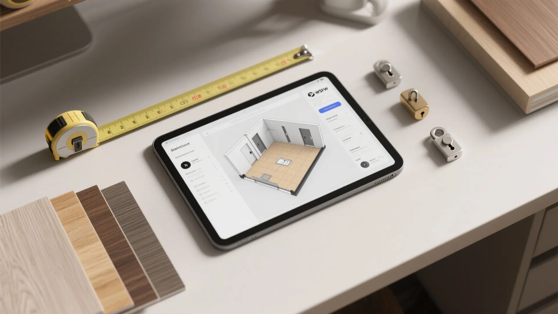 Flatlay of a 3D floor planner on a tablet, material samples, and lock hardware