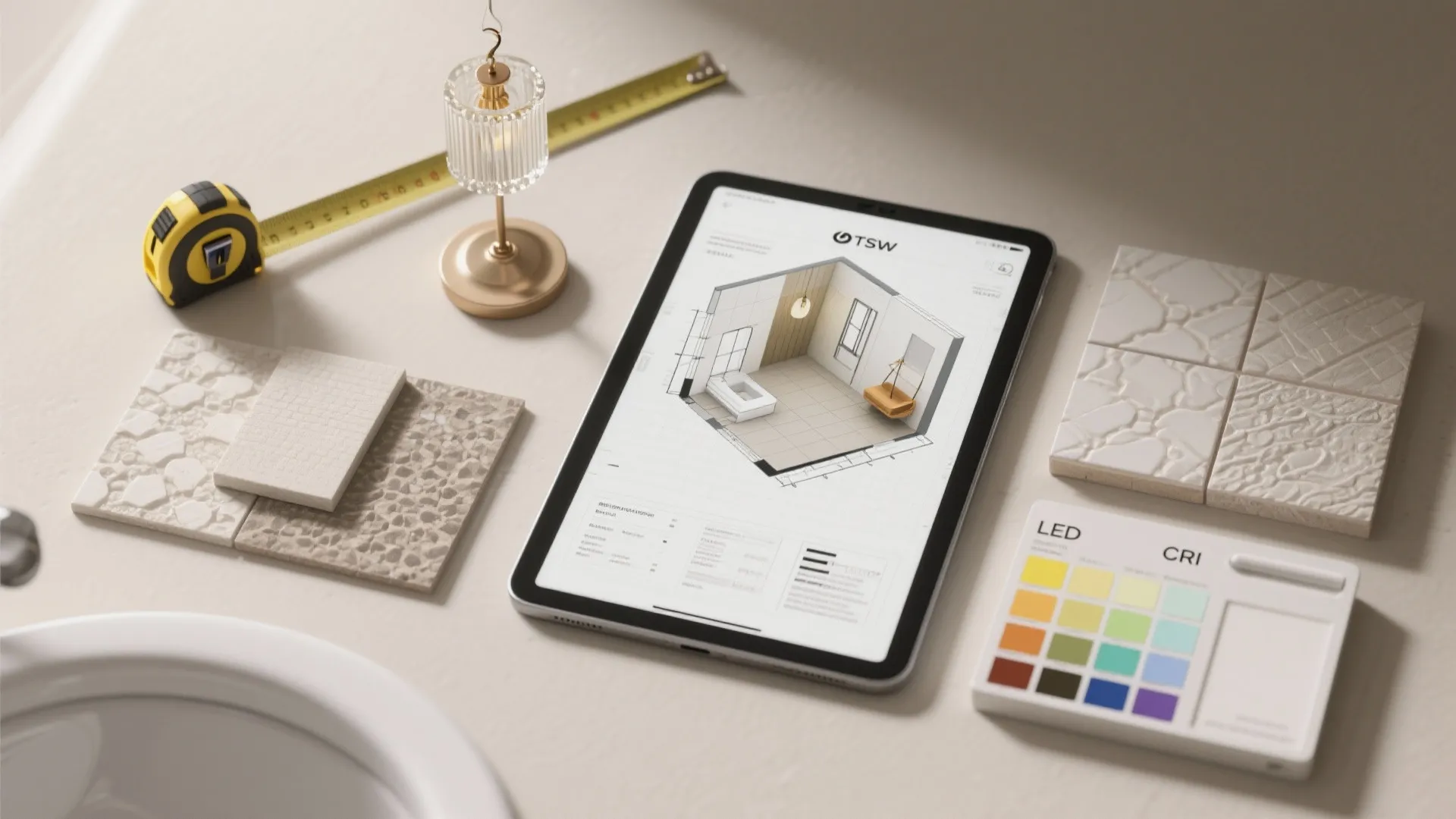 Top-down flatlay of a tablet with a 3D floor plan, tape measure, tile samples and LED CRI swatches for chandelier planning.