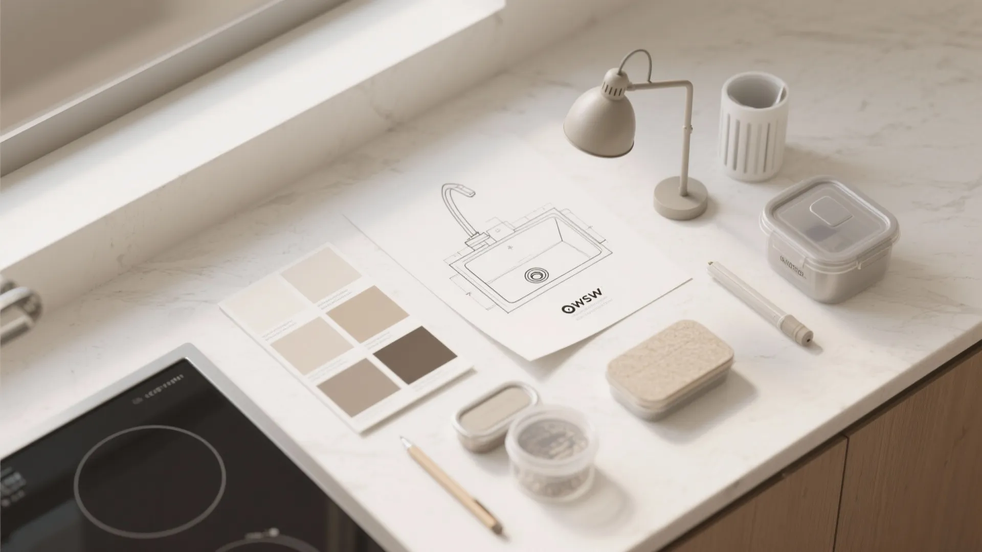 Kitchen design planning layout with sink drawing color samples desk lamp and pen on white countertop