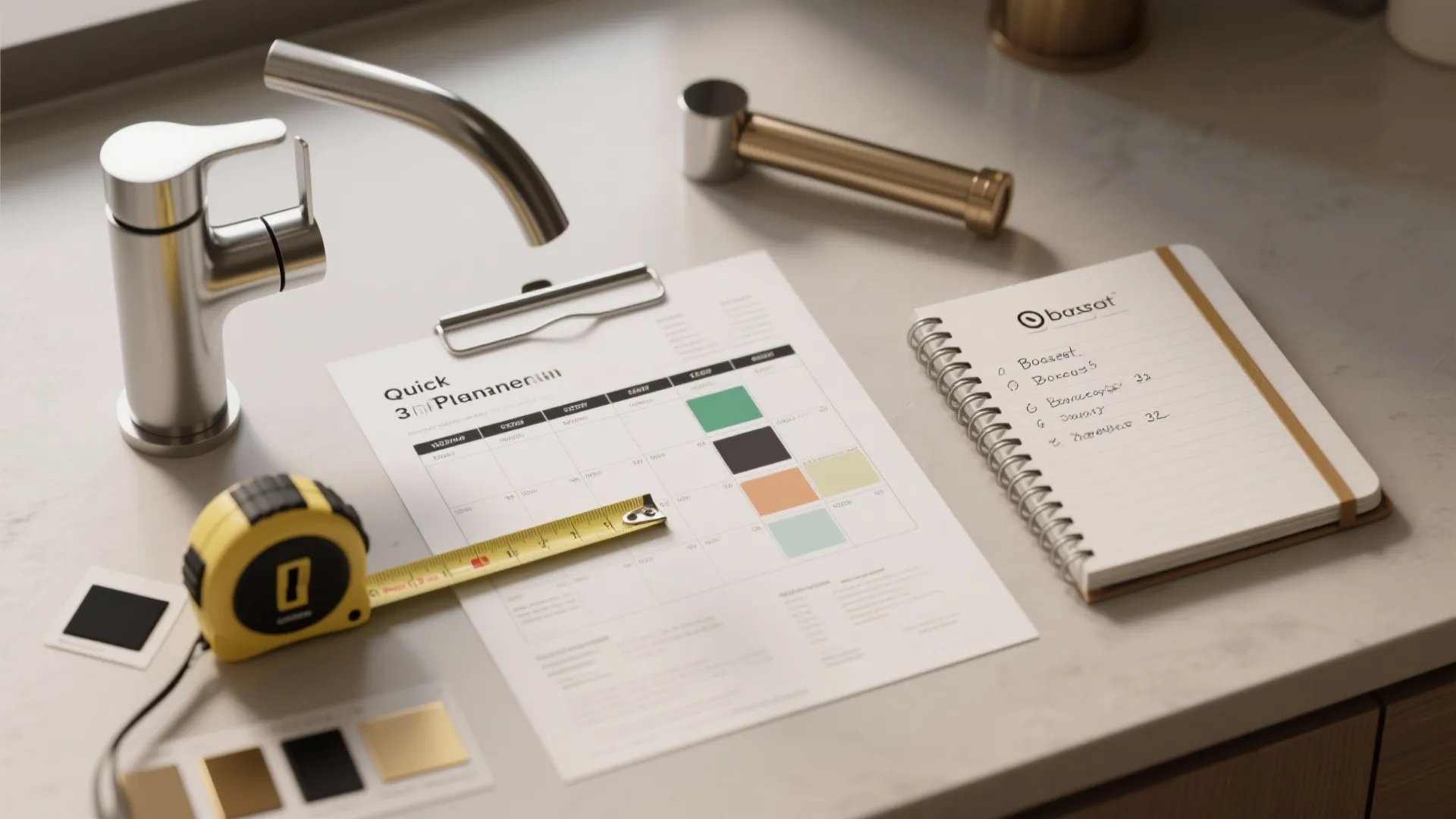 Interior design planning flat lay with tape measure notebook color swatches and silver water tap