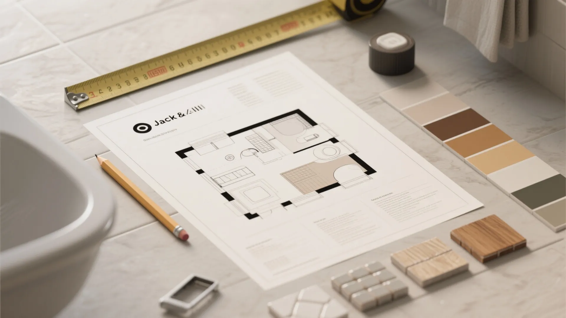 Flatlay of 3D floorplan, tape measure and material samples used for bathroom layout planning.