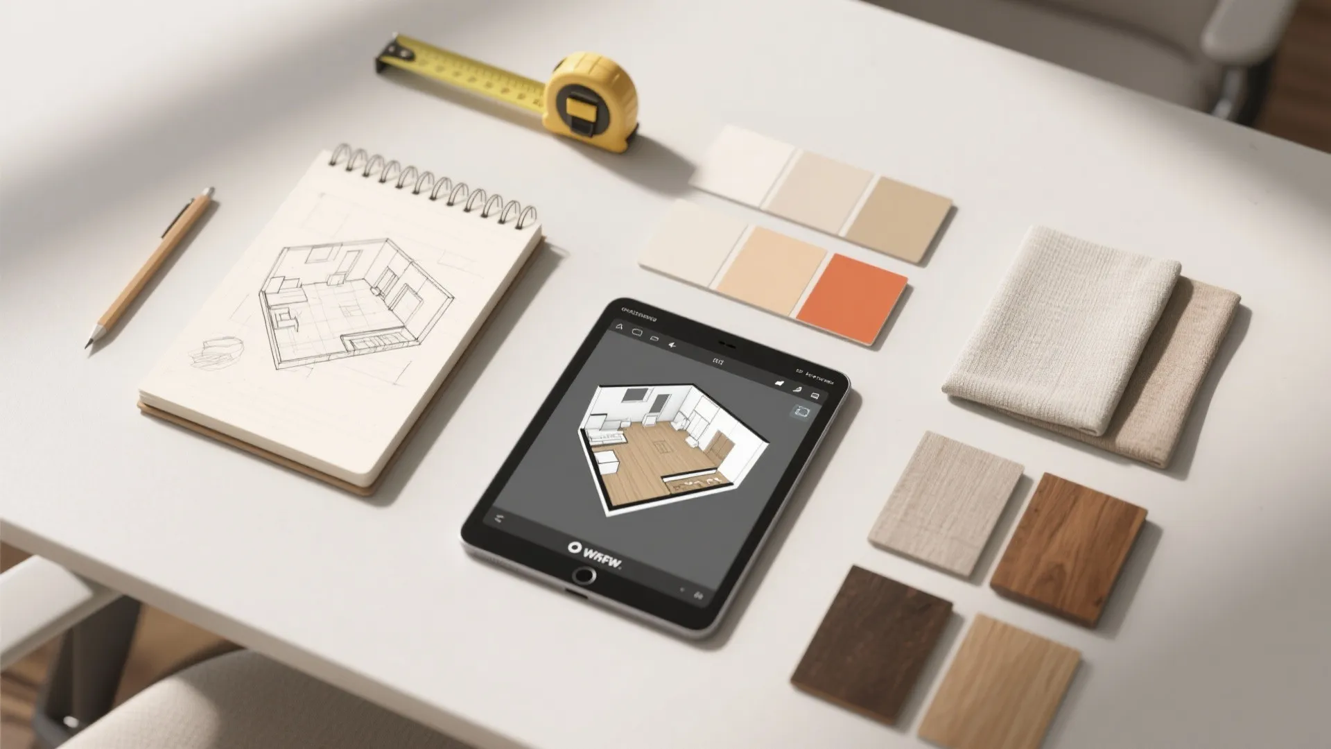 Flatlay of measuring tape, sketchbook, tablet with 3D planner, and material samples for office planning