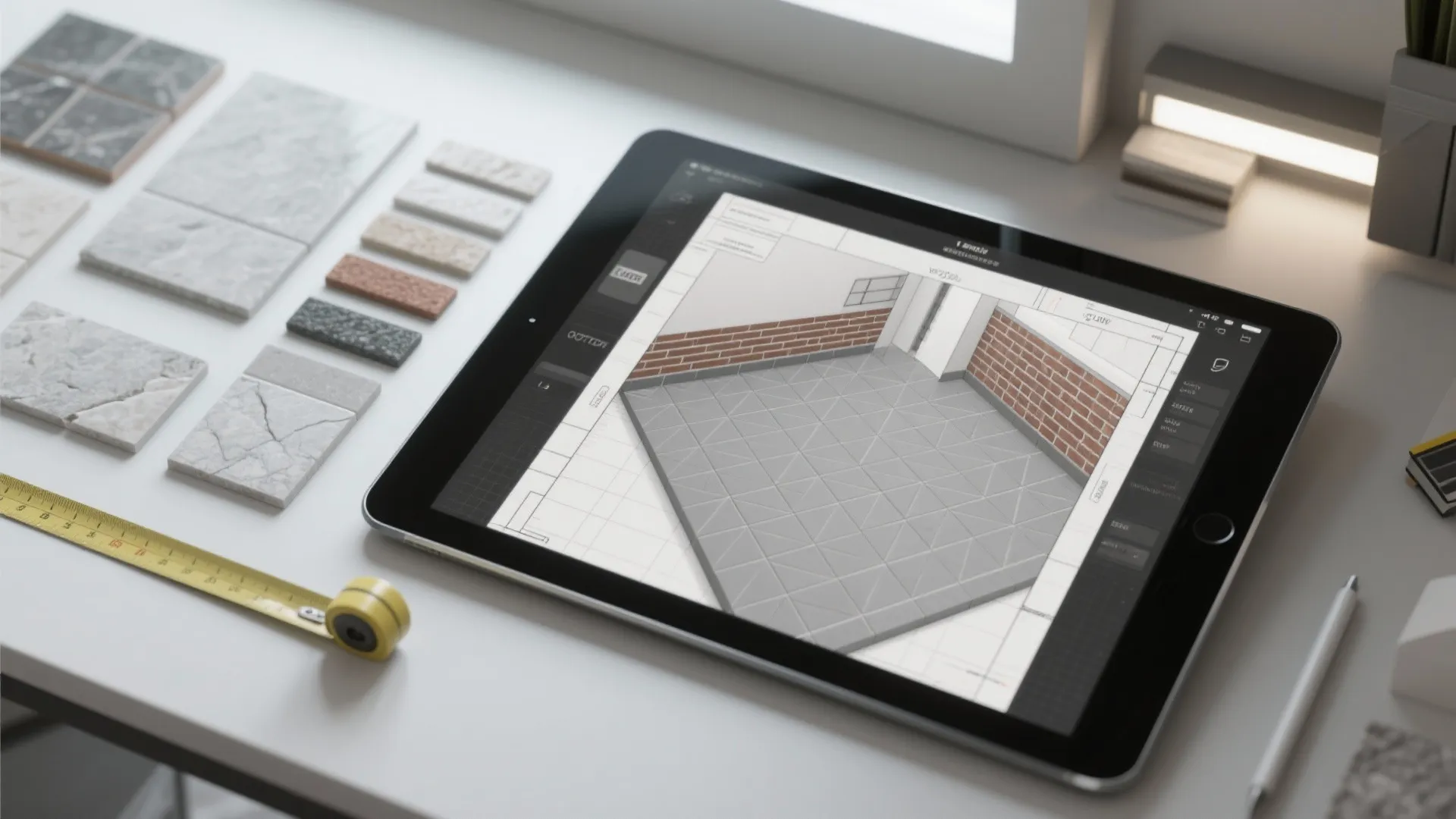 Digital tablet showing interior design drawing for bathroom flooring next to physical stone tile samples