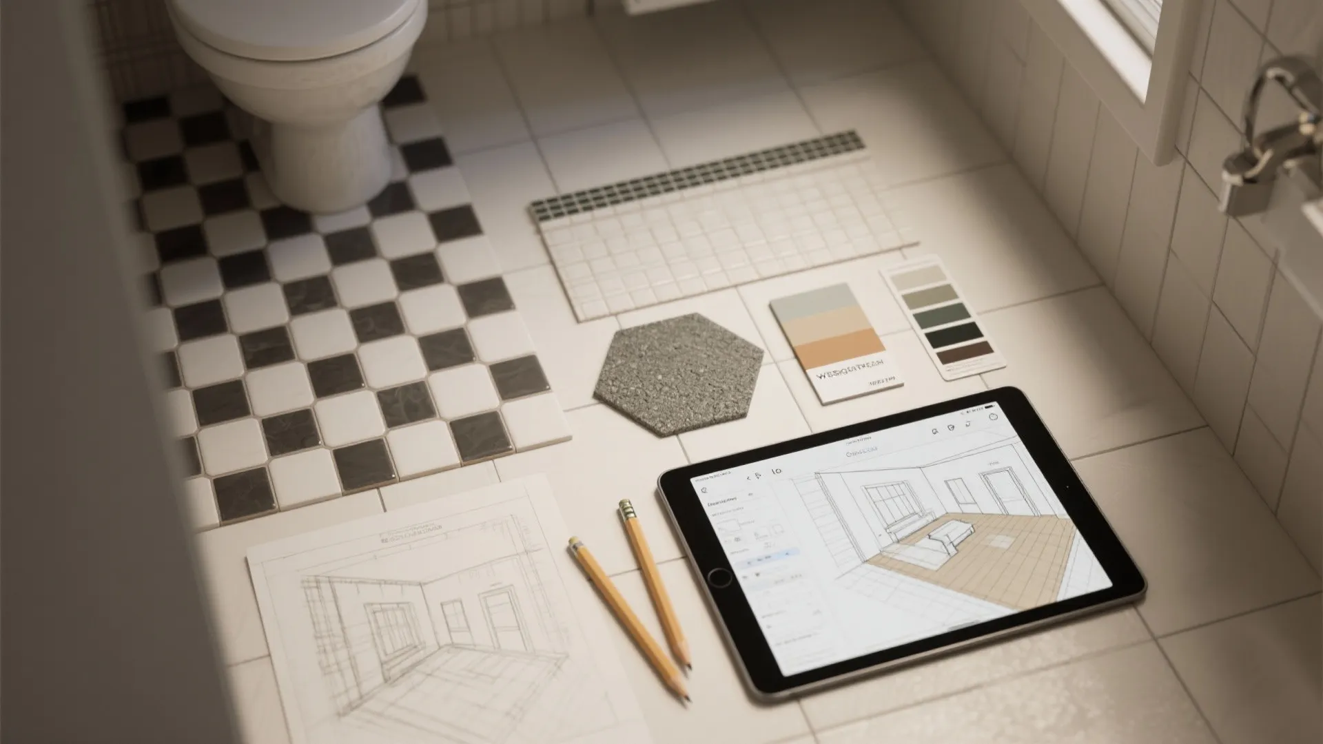 Flatlay of tile samples, grout cards, sketches and a room planner tablet for bathroom design planning.