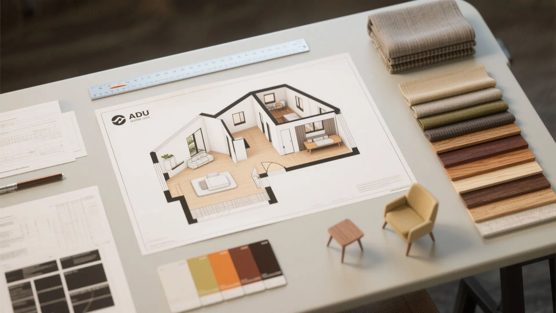 Interior design drawing on a table with color swatches fabric samples and a small sofa