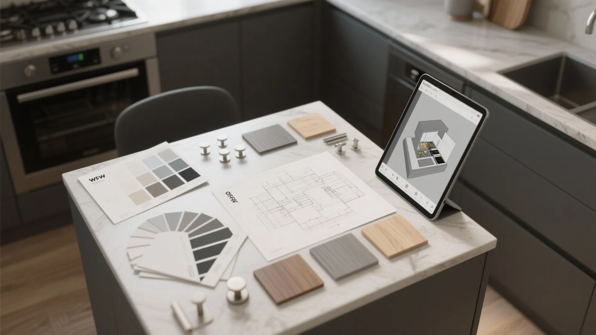 Interior design materials including color swatches floor plans and a tablet on a marble table
