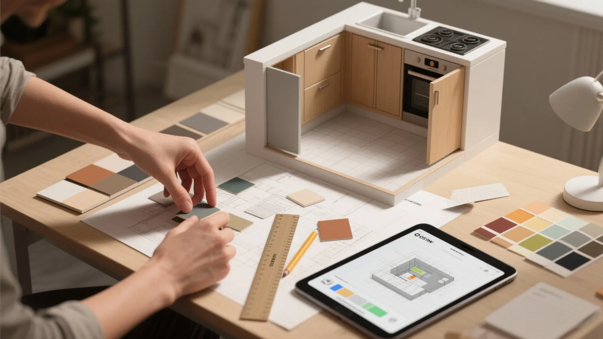 Hands picking color tiles on paper floor plan next to miniature kitchen model and tablet