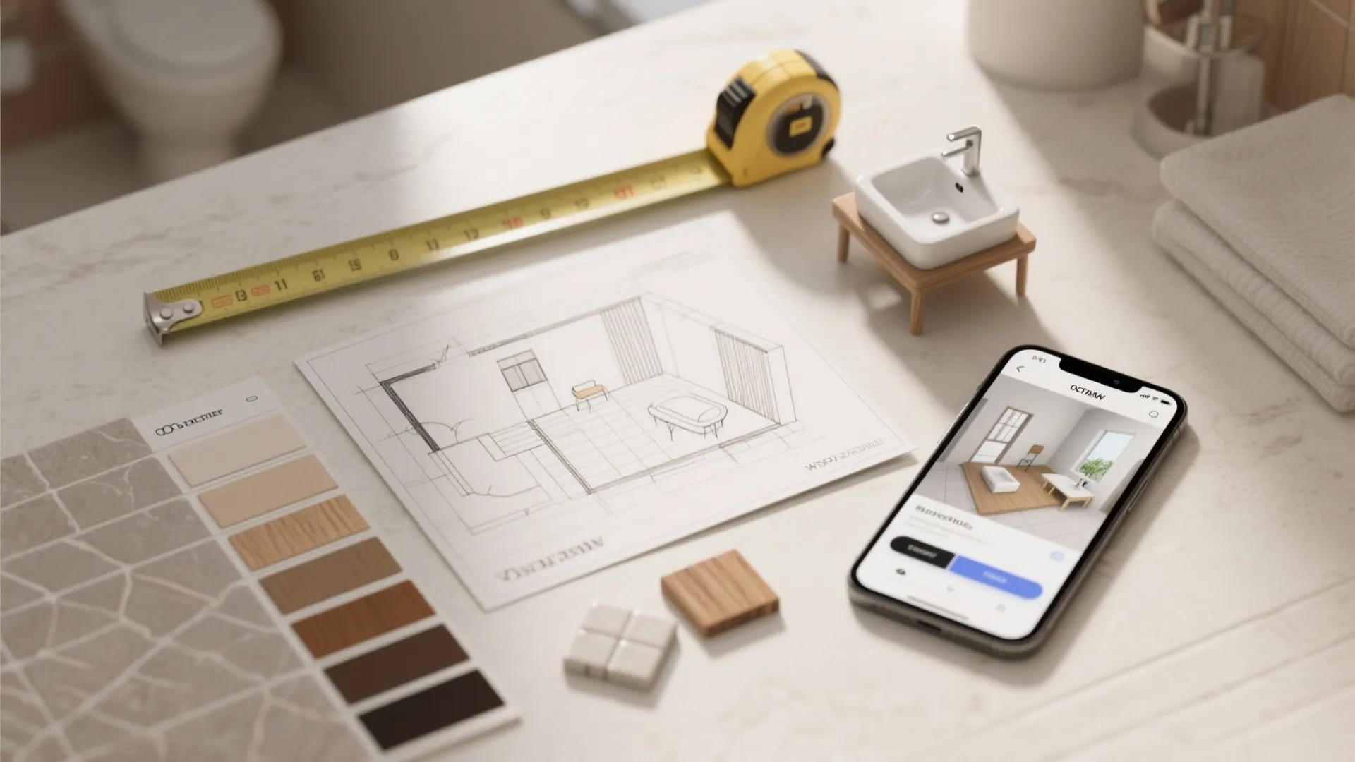 Flatlay of planning tools: tape measure, floorplan sketch, tile swatches and a phone with a 3D room planner.