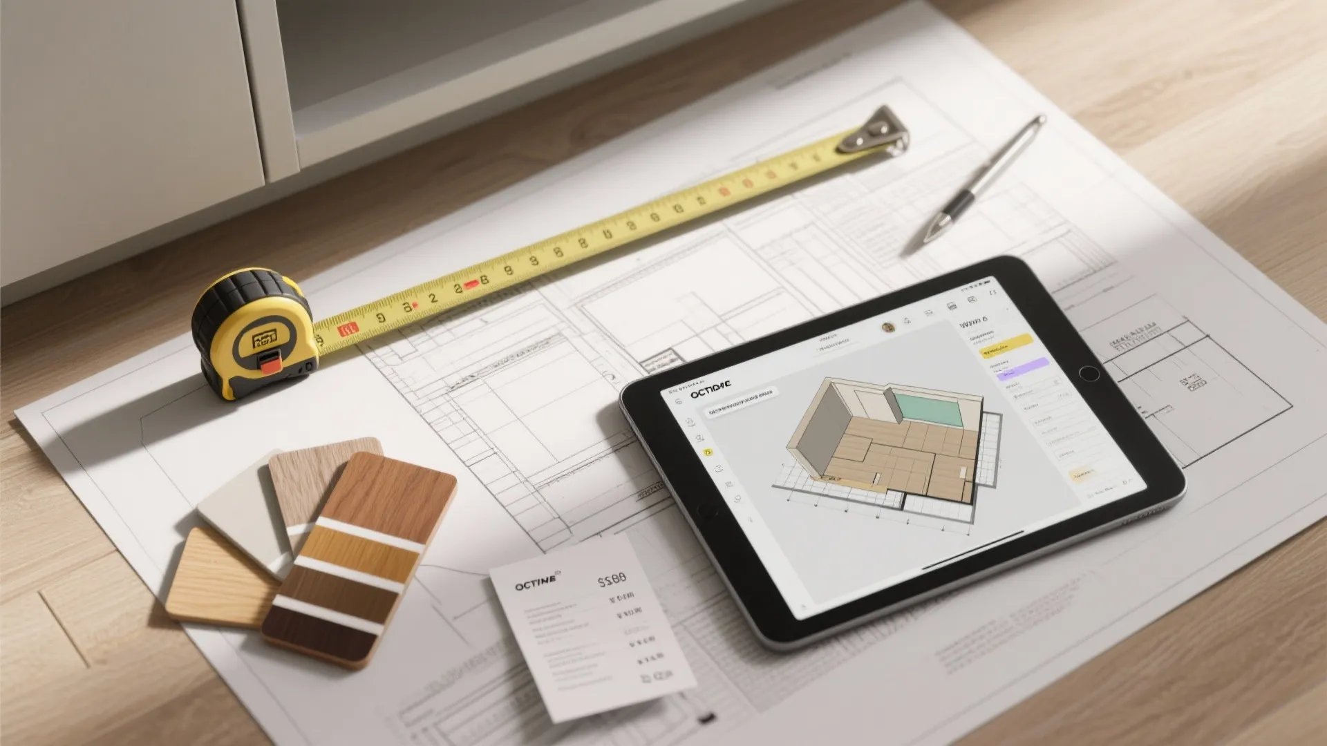 Interior design drawing with a tablet showing a room layout alongside a yellow measuring tape