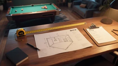 Modern Entertainment Room with Pool Table & Design Desk