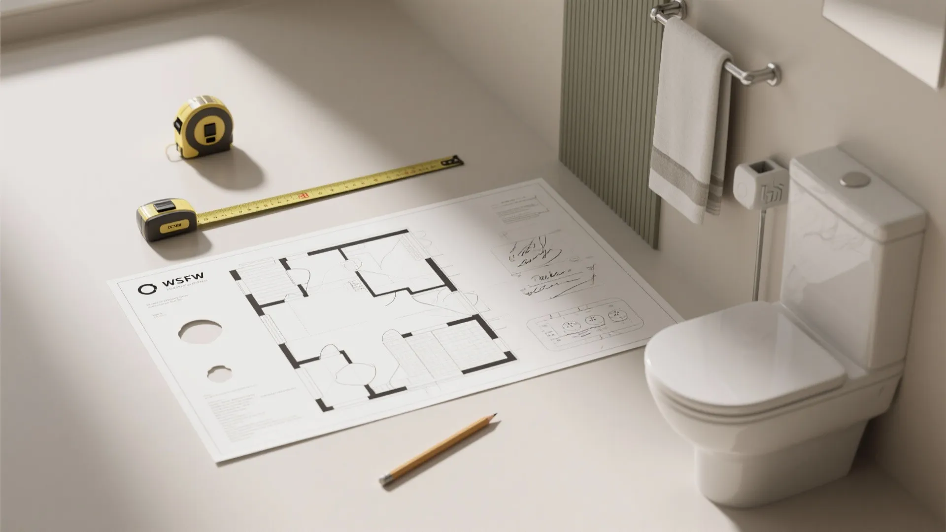 Bathroom floor plan drawing on counter with measuring tape pencil and toilet in background scene