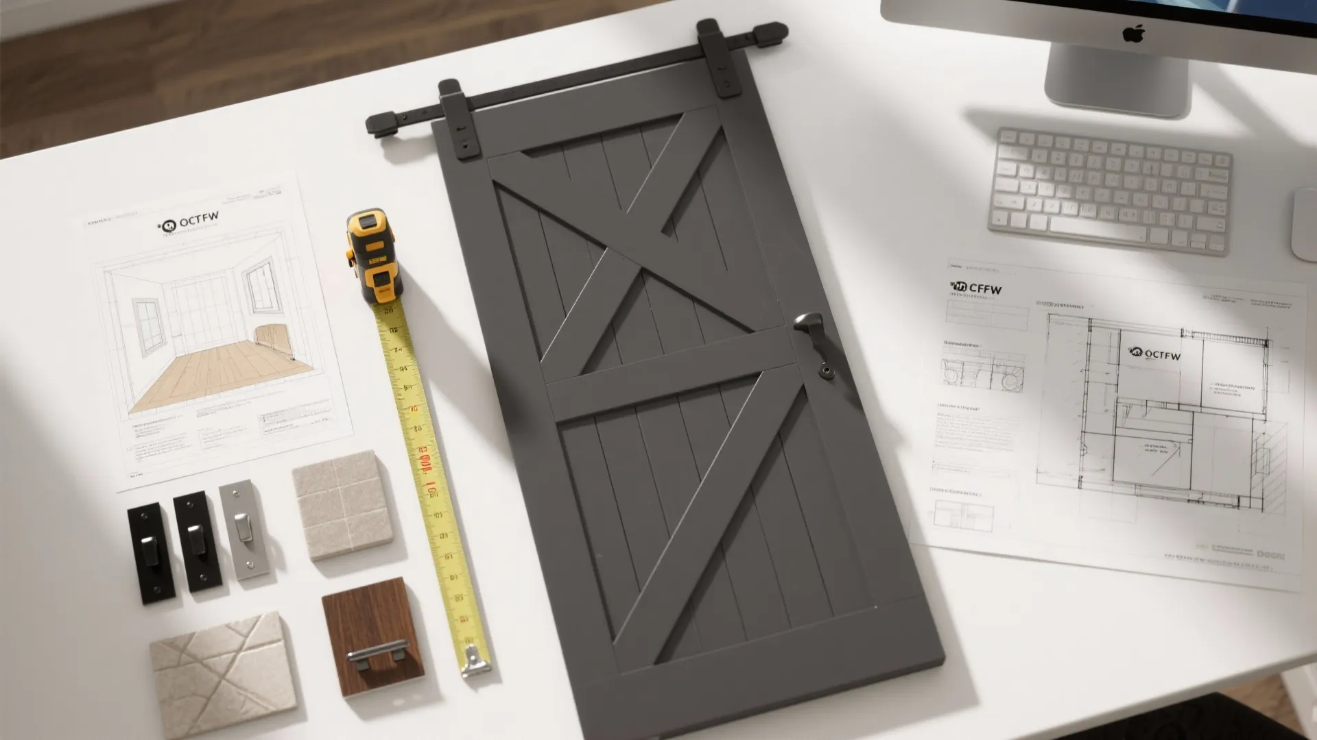 Desk with grey sliding door model, measuring tape, floor plan drawings, keyboard, and material samples