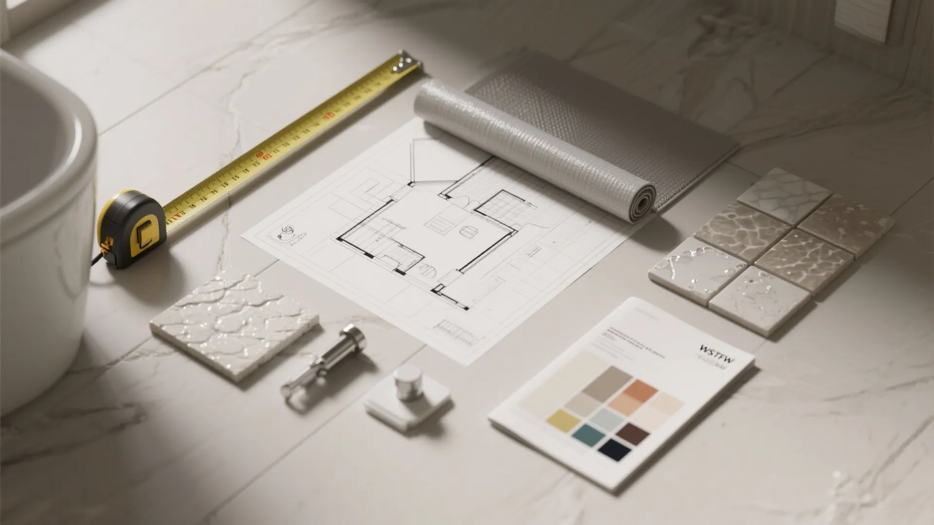 Flatlay of planning tools and tile samples for small bathroom layout and waterproofing decisions.