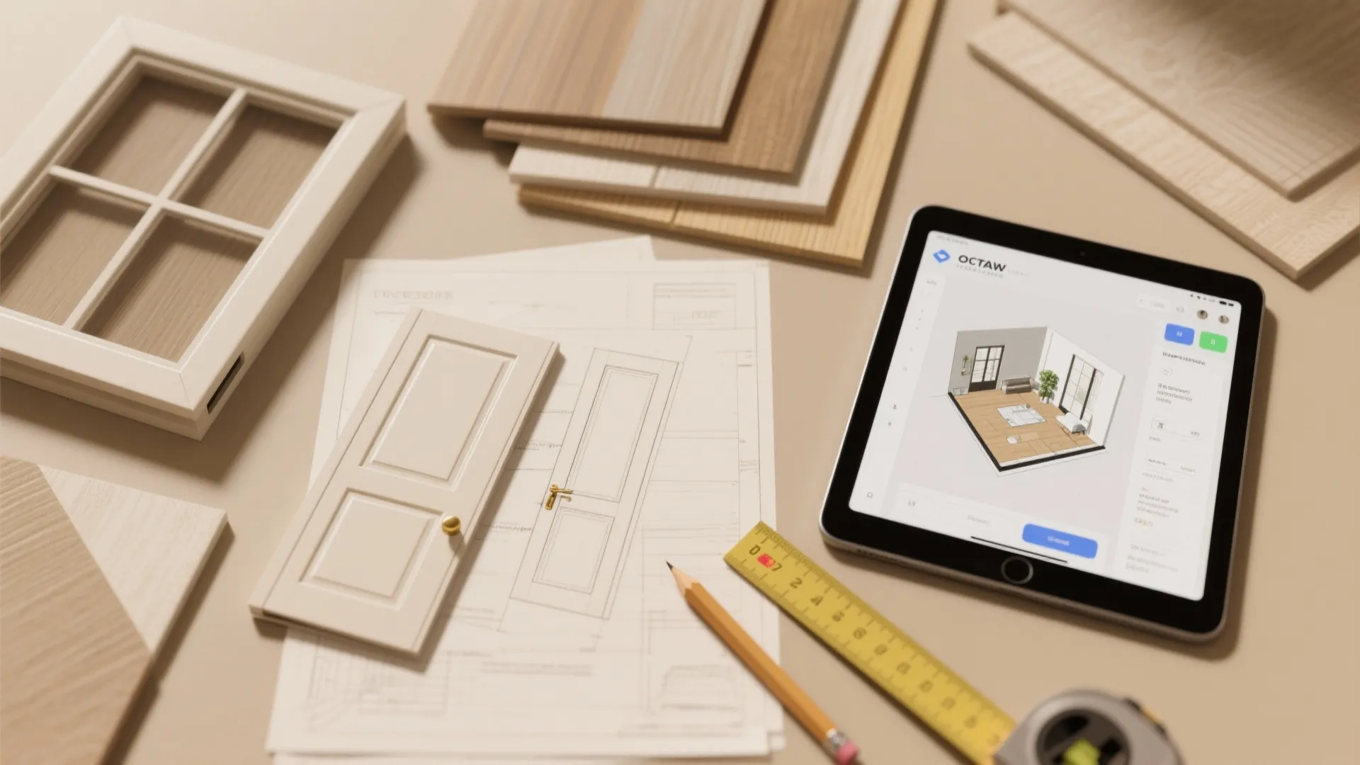 Top-down flatlay of door material samples, a door swing mockup and a tablet with a 3D floor planner