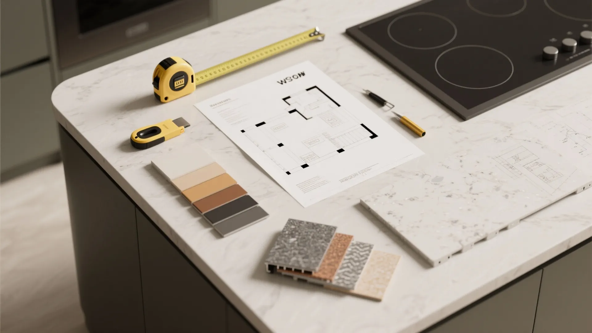 Flatlay of planning tools and material swatches for designing a small island with a cooktop.