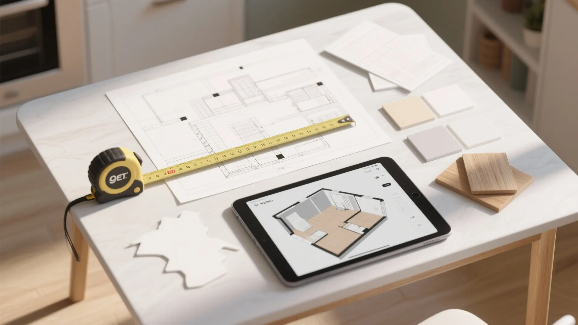 Floor plan drawing on table with tape measure tablet showing 3D model and material samples