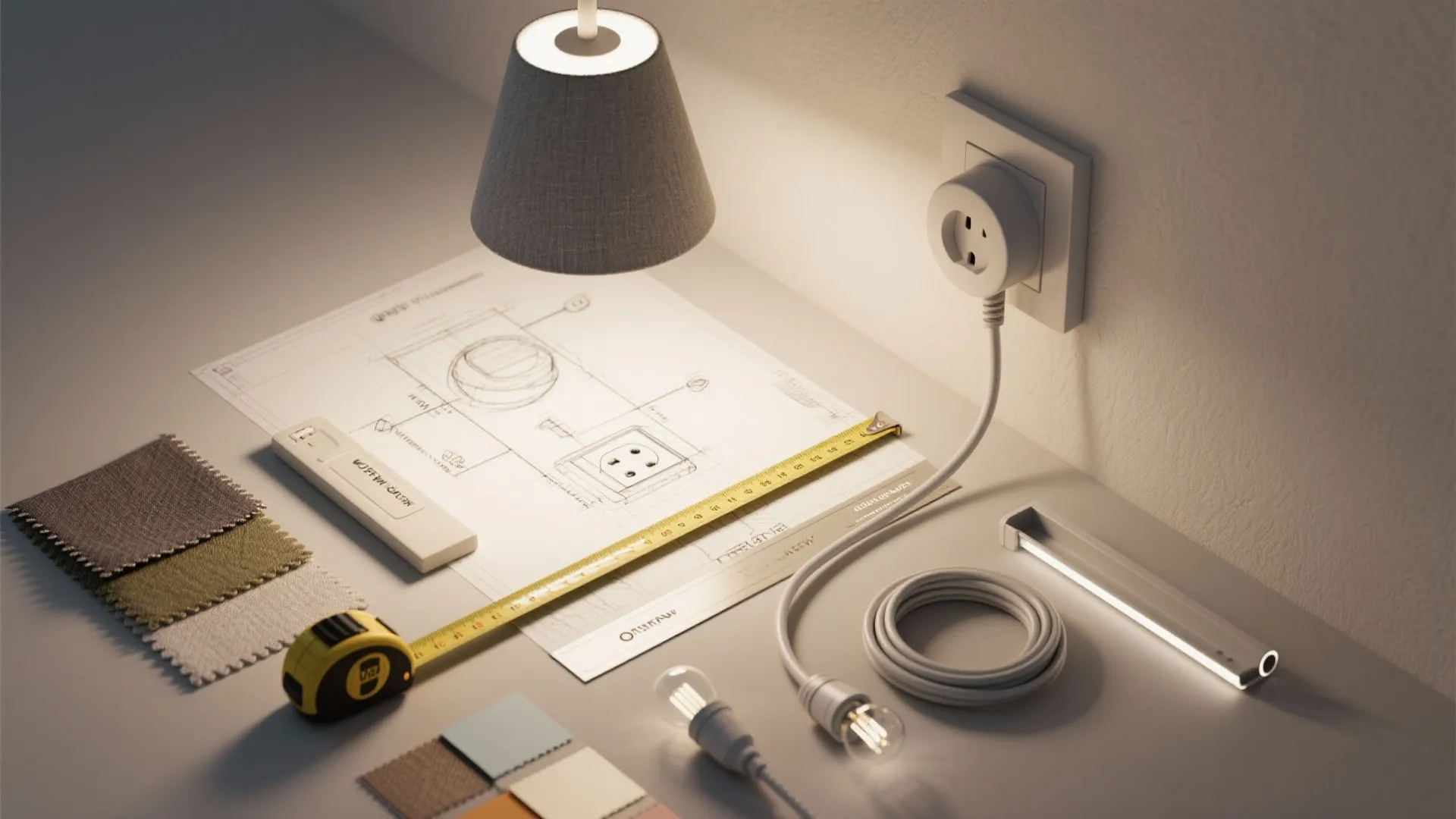Flatlay of planning tools for plug-in wall lamp installation including sketches and sample materials