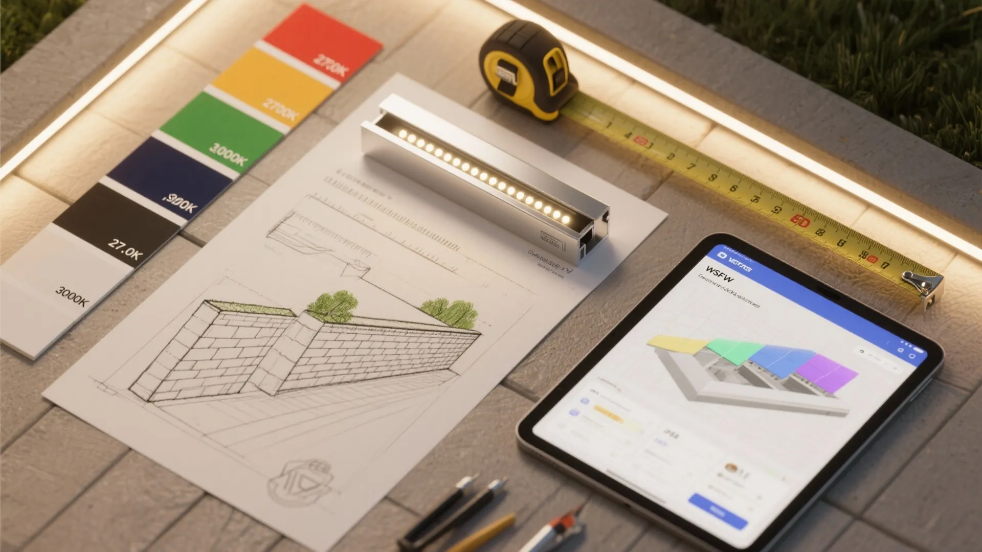 Interior design drawing on paper with tape measure tablet and light samples for garden wall