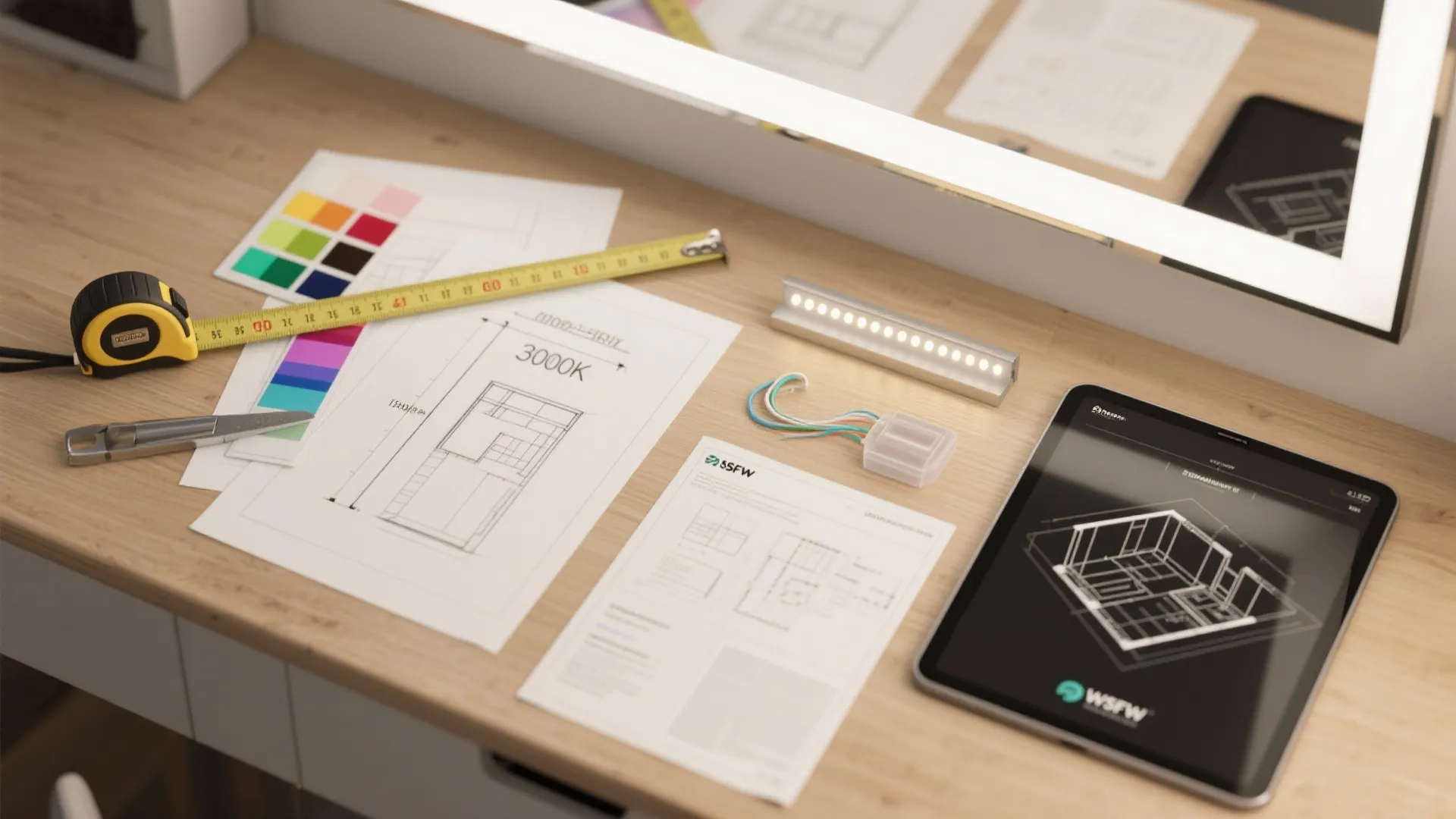 Interior design planning flat lay with tape measure color swatches digital tablet and lighting component
