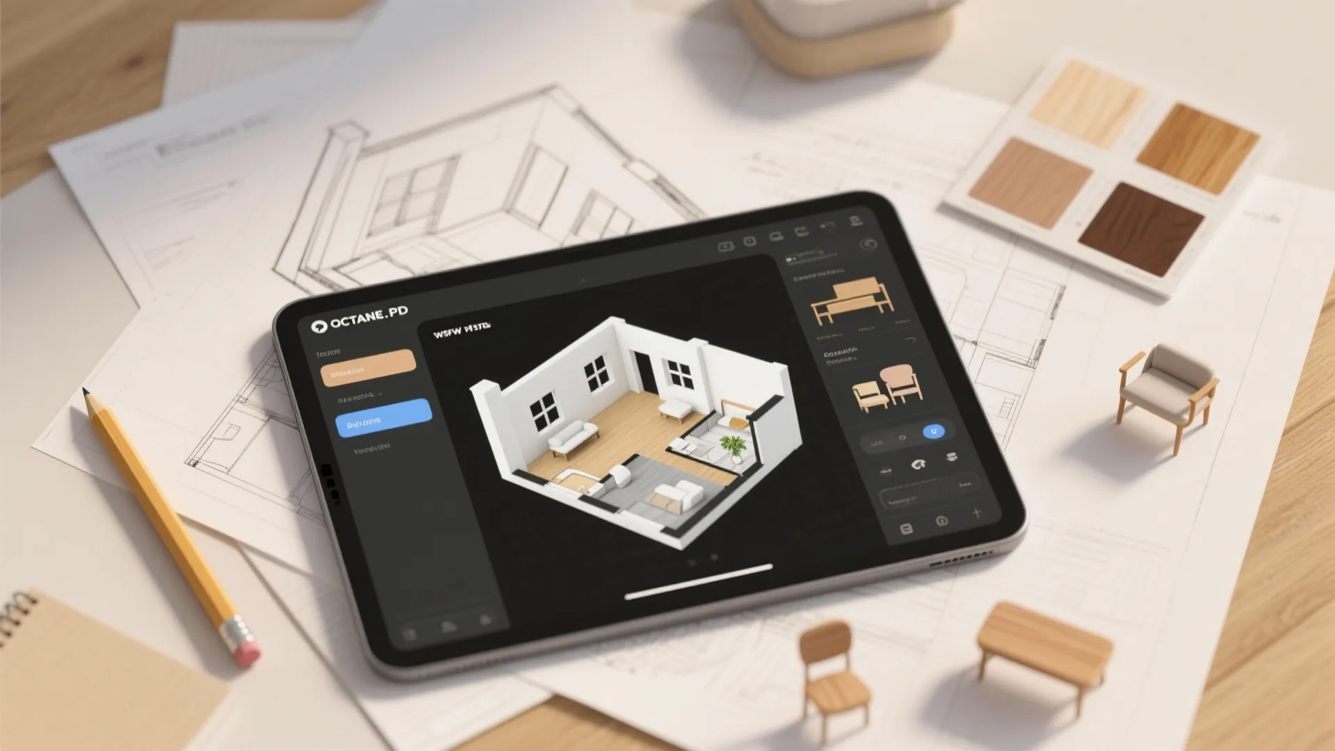 Top-down flatlay of floor plan sketches, color swatches and a tablet with 3D floor planner