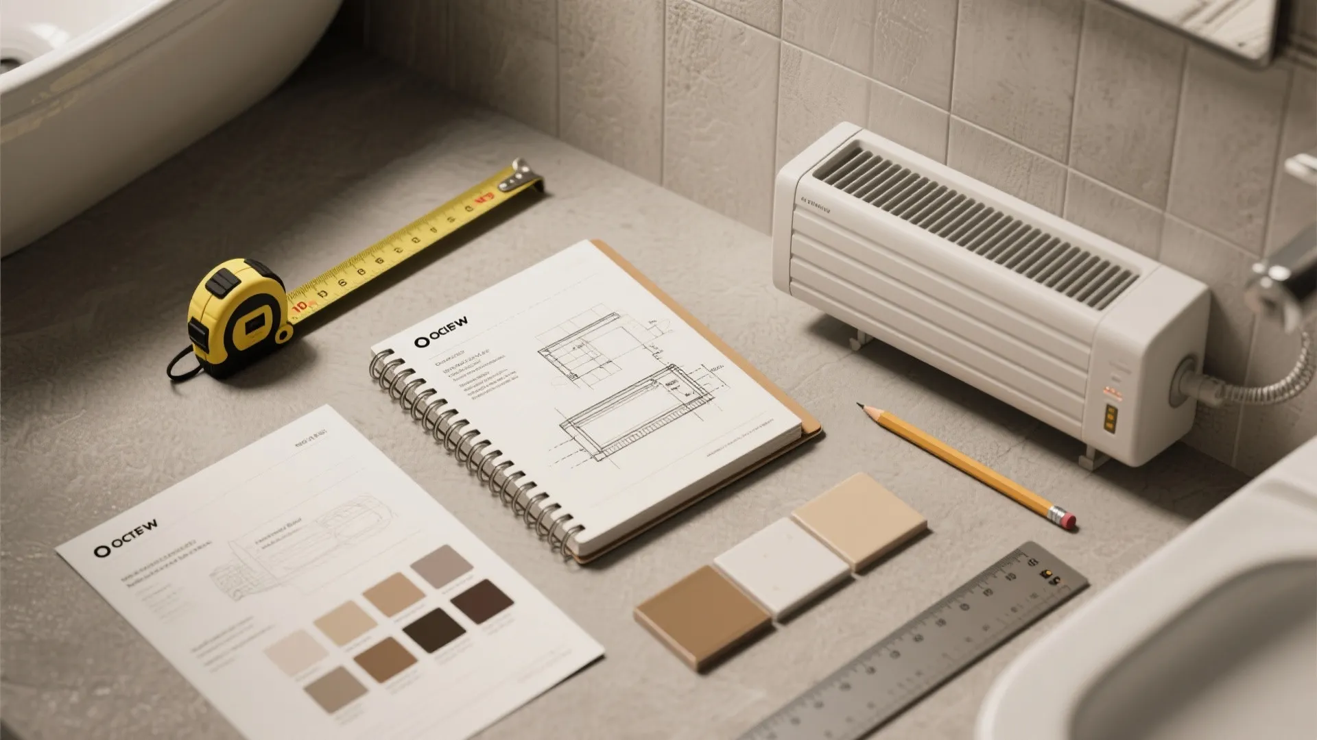 Bathroom renovation planning flatlay with measuring tape notebook pencil ruler color swatches and white heater