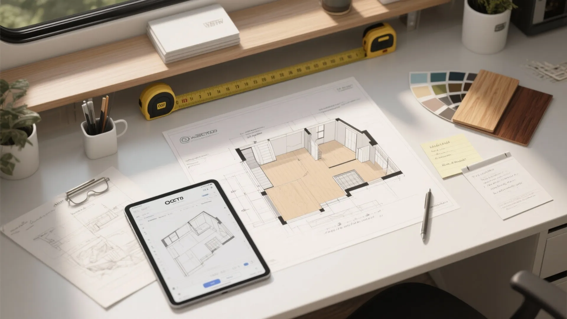 Top-down flatlay of RV layout planning: sketches, tablet with 3D planner, measuring tape and finish samples.