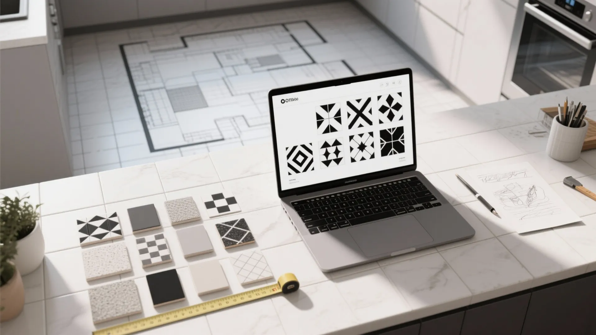 Top-down view of a planning workspace with a 3D floor planner on laptop and tile samples