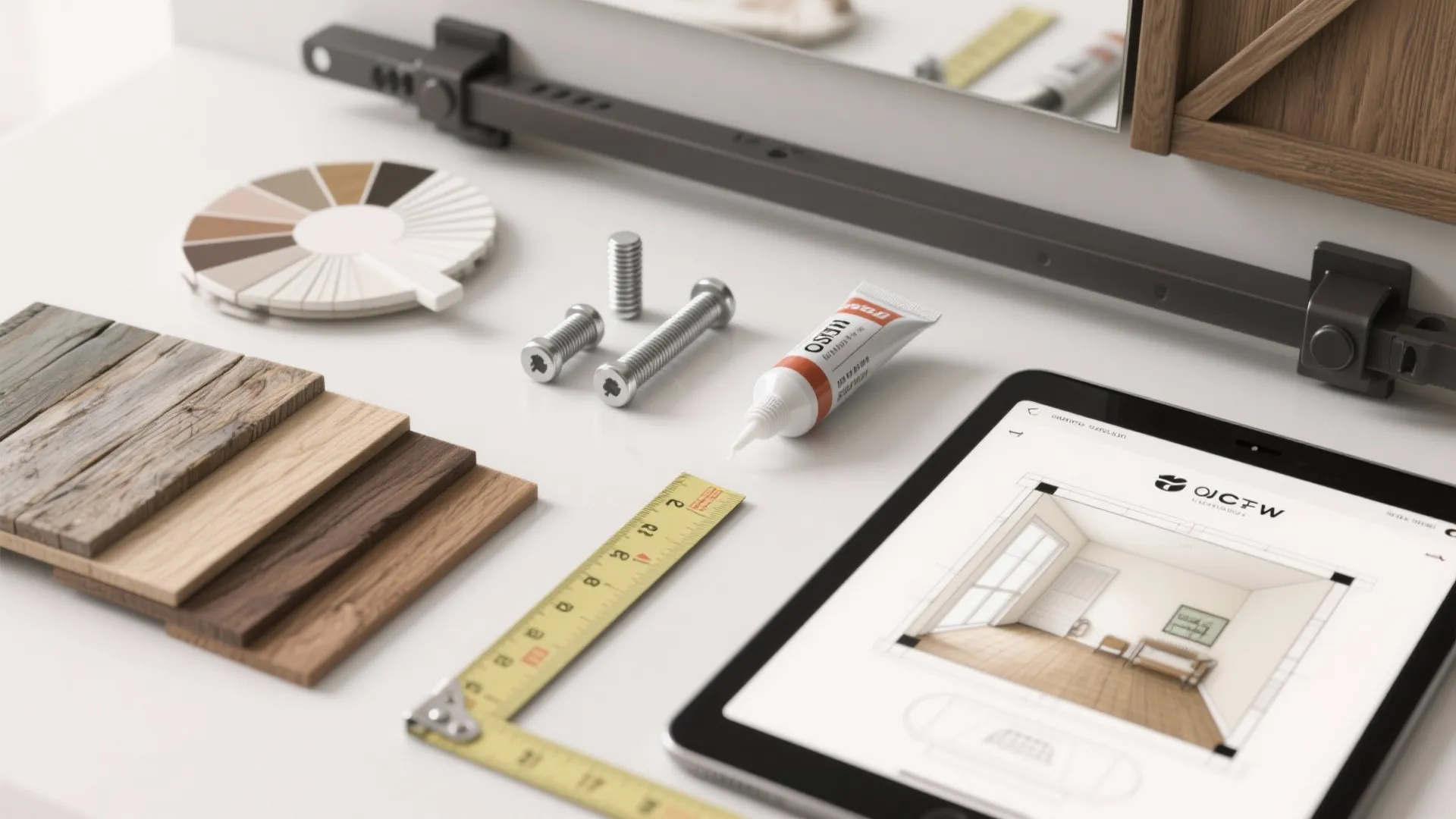 Flatlay of barn-door vanity planning materials including hardware, wood swatches, paint chips and a room planner on tablet.