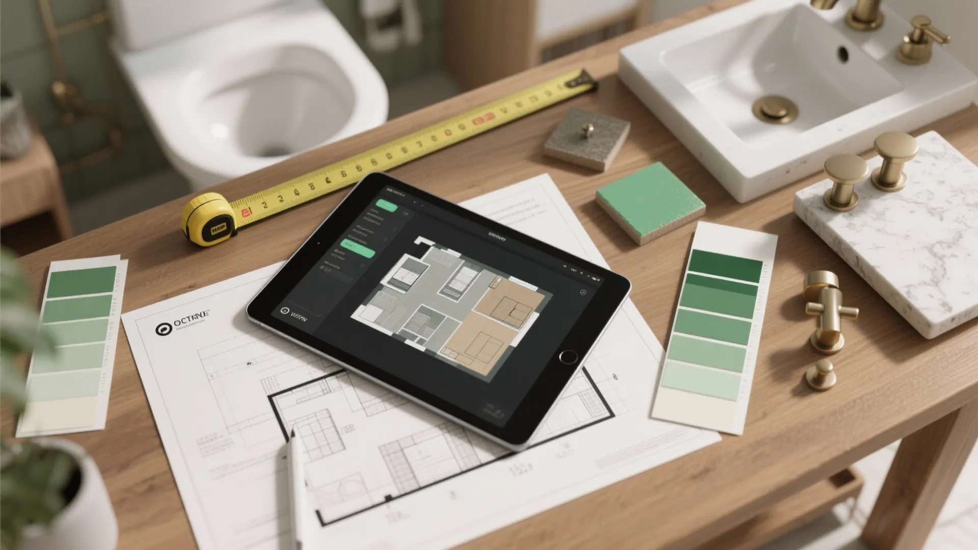 Top-down layout of bathroom planner tools, floor plans, green swatches and material samples