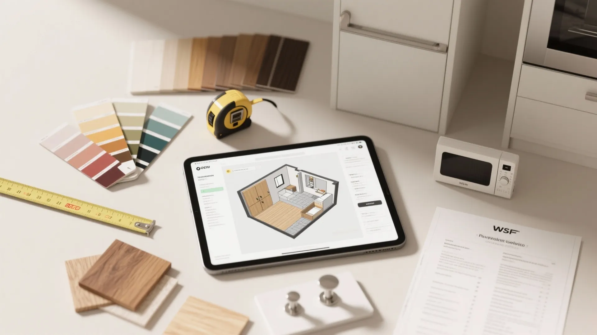 Interior design tools including a tablet showing room layout color samples and a measuring tape