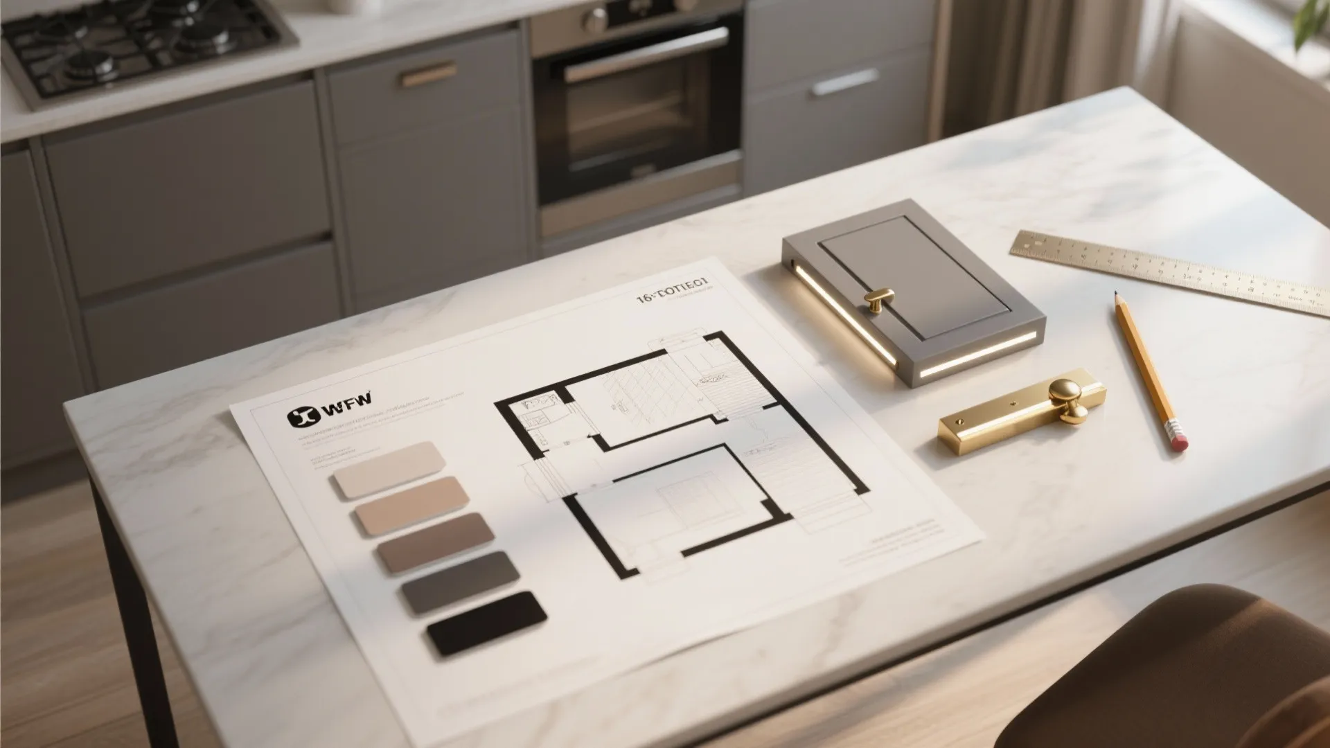 Top-down flatlay of kitchen planning materials: floor plan, paint swatches, hardware samples and lighting samples.