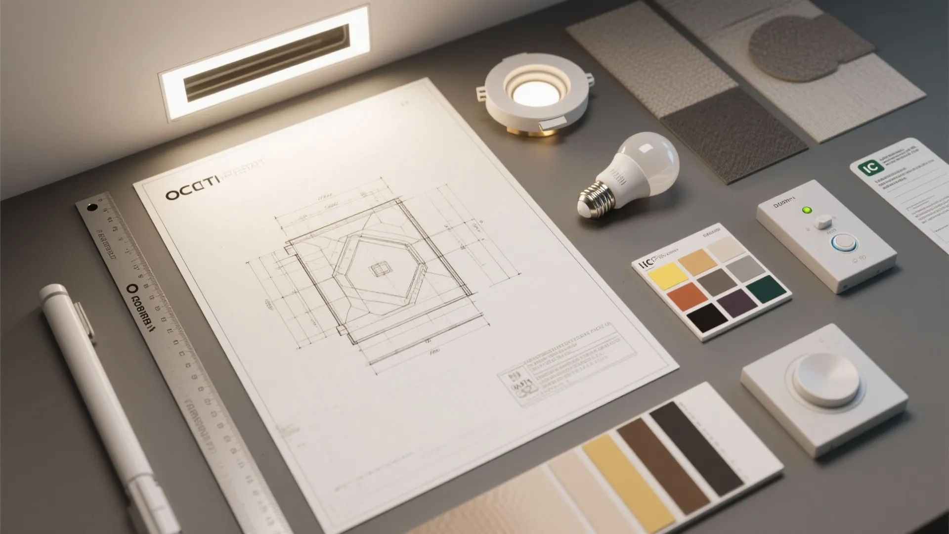 Desk with floor plan drawing light bulb color swatches ruler pen and various light fixtures